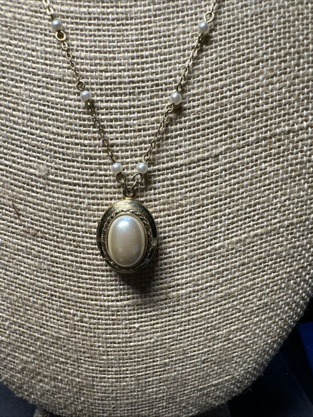 1928 Locket Faux Pearl With Tiny Faux Pearl Bead Stations Goldtone Chain